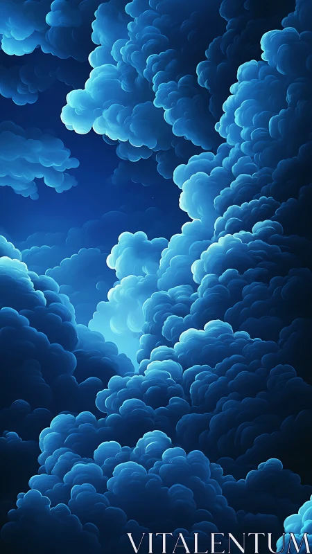 Luminous blue clouds swirl around a tranquil night sky.