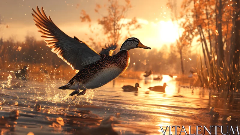 Duck lifts from reflective water surface at low sun angle