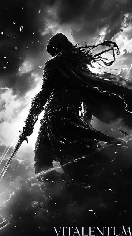 Stormlit shadow knight poised on the ragged horizon.