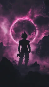 Warrior silhouette confronts glowing violet cosmic portal.