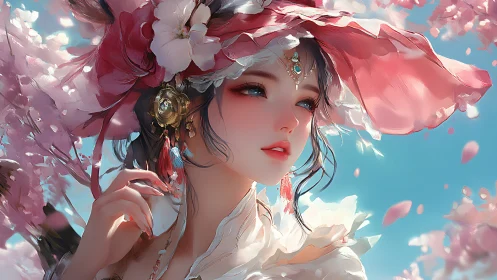 Spring blossom muse beneath a billowing pink sunhat.