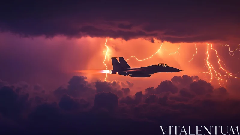 Roaring jet streaks past storm clouds lit by fierce lightning