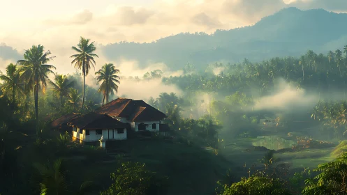 Sunlit tropical homestead resting in a misty green valley.