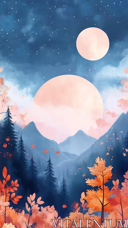 Dual-moon alpine landscape renders atmospheric depth and glow