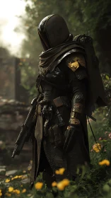 Armored sci‑fi ranger stands armed in sunlit overgrown ruins