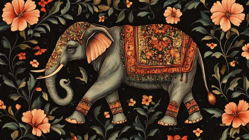 Ornamented elephant with floral pattern on dark ground.