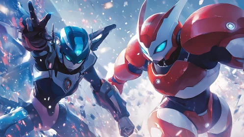 Dual mechs launch blazing assault through icy battlefield.