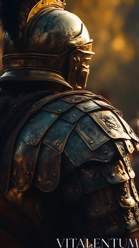 Roman-style armored soldier stands in warm evening light