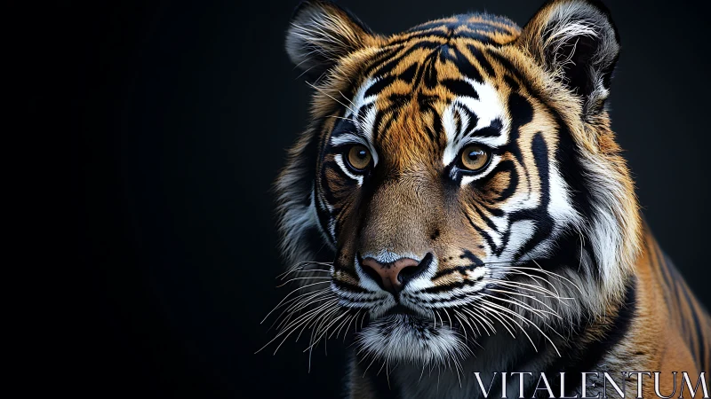 Tiger portrait glows against dark backdrop with intense gaze