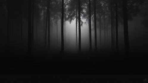 Misty Forest Grove with Tall Conifers and Diffused Light.