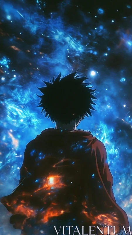 Backlit anime figure facing nebular cosmic starfield horizon