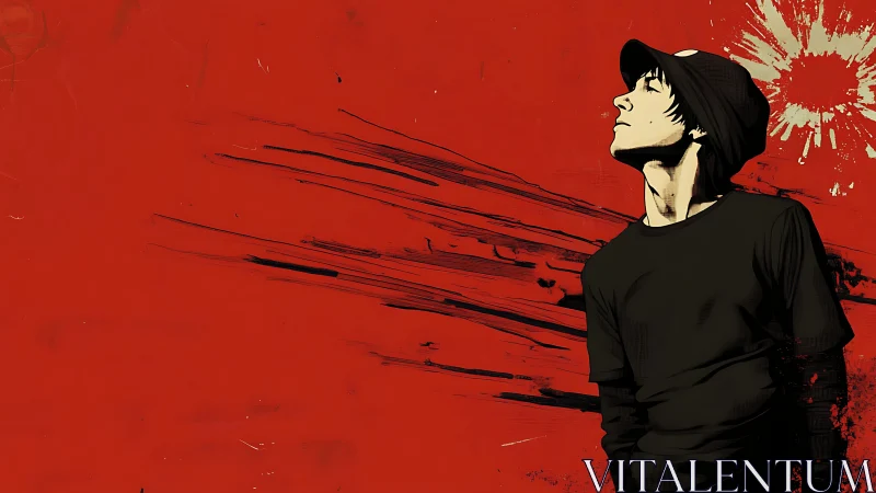 Pensive youth in black against bold red splatter backdrop.