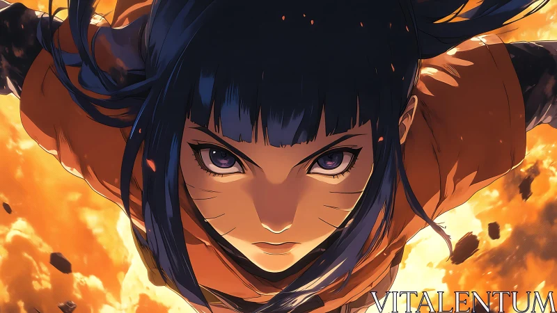 Anime girl diving forward through fiery explosion background