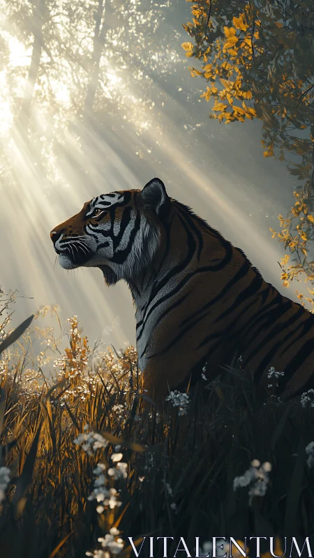 Tiger sits in backlit forest clearing under filtered sunlight