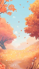 Autumn landscape with falling leaves and serene pathway