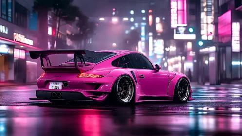 Pink widebody sports car parked on wet neon city street