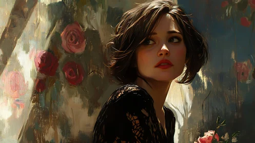 Soft-lit brunette portrait amid textured painted roses.
