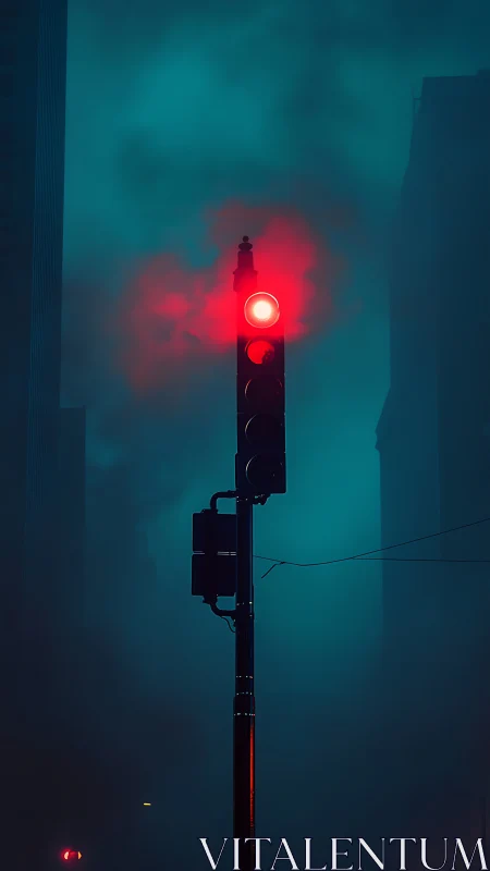 Nocturnal traffic signal in saturated cyan urban fogscape.
