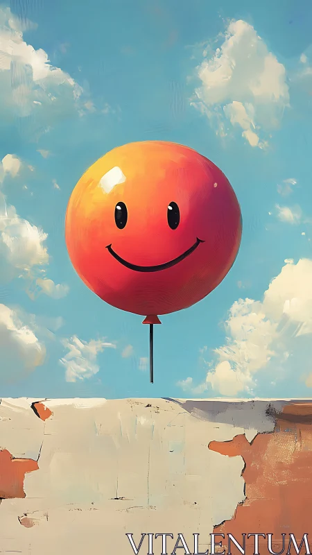 Sunny grin balloon hovers above chipped rooftop edge.