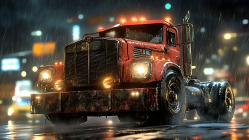 Photorealistic wet-street render of vintage red semi truck.