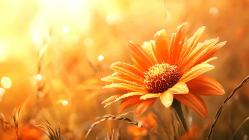 Orange daisy glows against sunlit golden bokeh field