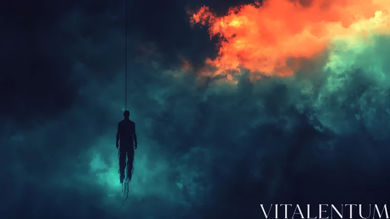 Silhouette suspended in glowing storm clouds at night