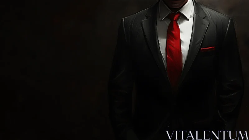 Red tie on black suit in low key vignette digital rendering