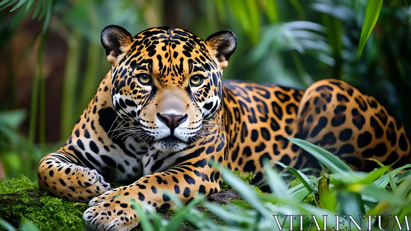 Golden jaguar resting calmly in lush emerald jungle light.