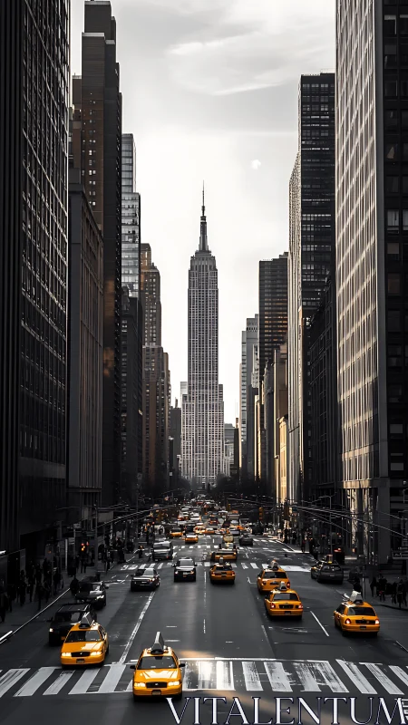 Yellow taxis stream toward a towering city landmark.