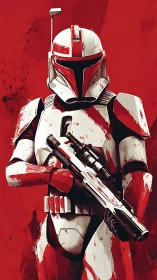 Armored sci fi soldier stands poised with rifle ready