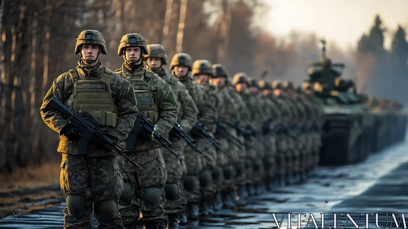 Soldiers stand in armored column during cold dawn drill