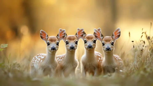 Four curious fawns in honeyed forest morning light.