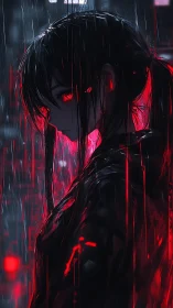 Dark anime girl in red neon rain, dramatic side profile.