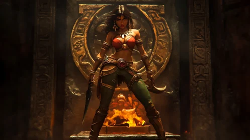 Warrior priestess before blazing temple idol in gold-lit ruin.