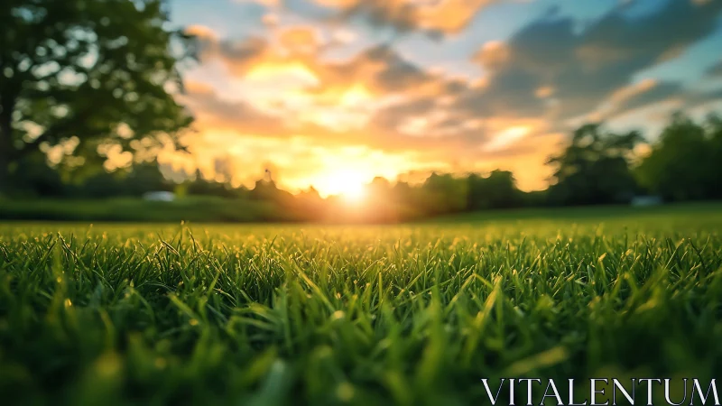Low-angle view shows grass field with backlit sunset sky