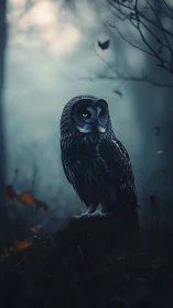 Midnight forest owl watches quietly through the mist