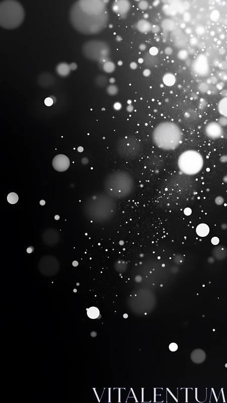 Monochrome bokeh particle field on dark gradient background.