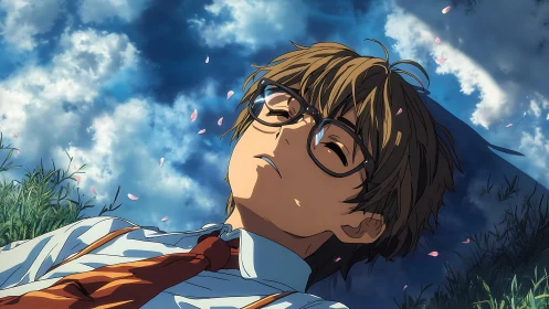 Glasses-wearing student lying in grass under clouded sky.