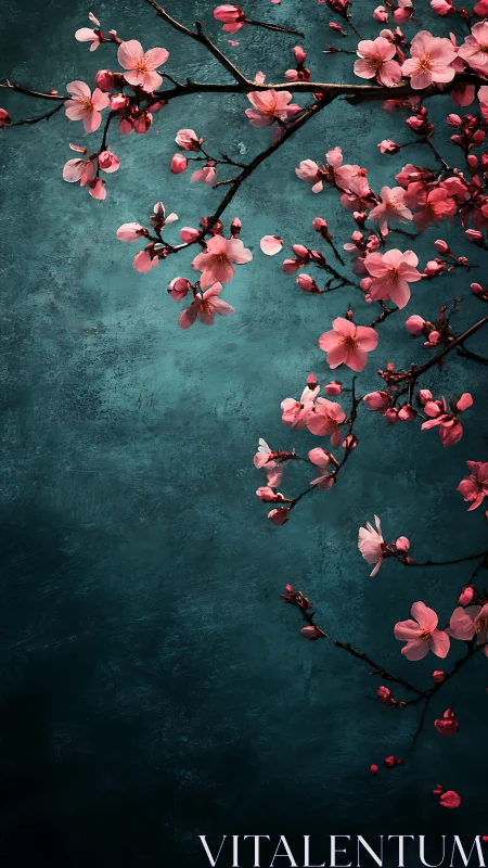 Cherry Blossoms on Teal: Botanical Contrast Study.