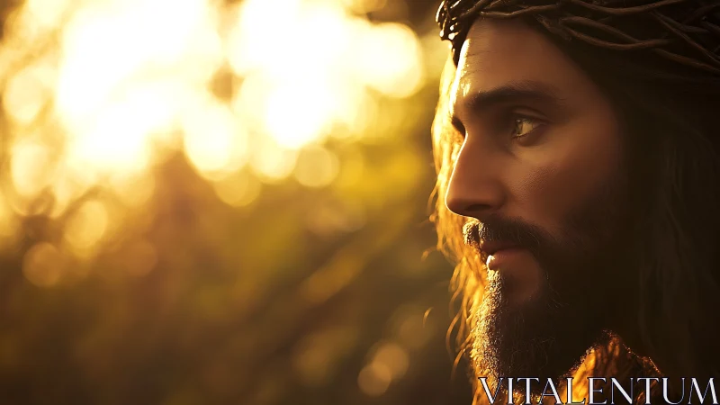 Side profile of robed man with crown of thorns outdoors.