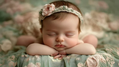 Sleeping Newborn Girl with Flower Headband.