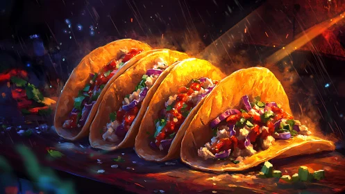 Glowing street tacos steam under dramatic painterly light