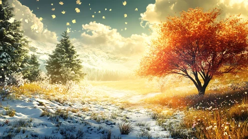 Transitional alpine meadow with autumnal maple and residual snow.