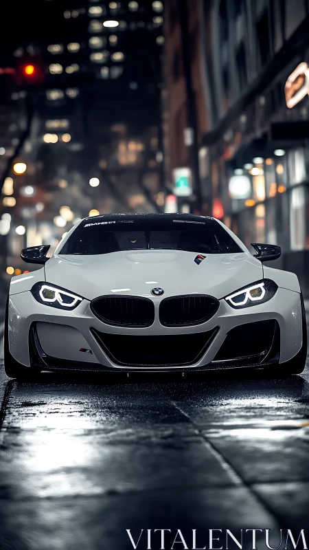White BMW sports coupe on wet city street at night.