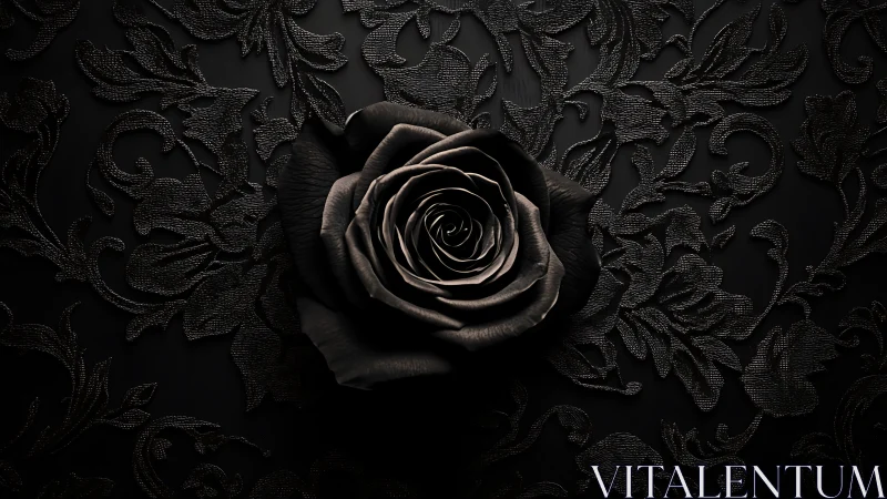 Black Rose on Ornate Baroque Textile Background.