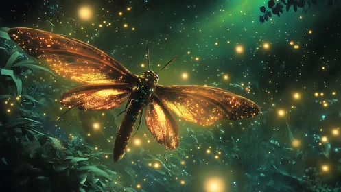 Glowing forest firefly drifting through a dreamy night sky.