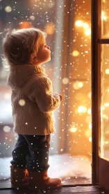 Small child gazes at glowing winter doorway in wonder