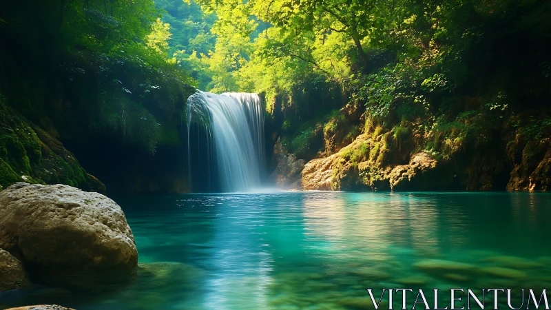 Waterfall pours into turquoise forest pool at midday light