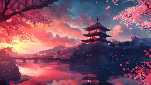 Sakura dusk pagoda dreaming over mirror-bright river.