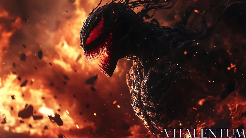 Infernal symbiote strides through shrapnel and swirling fire